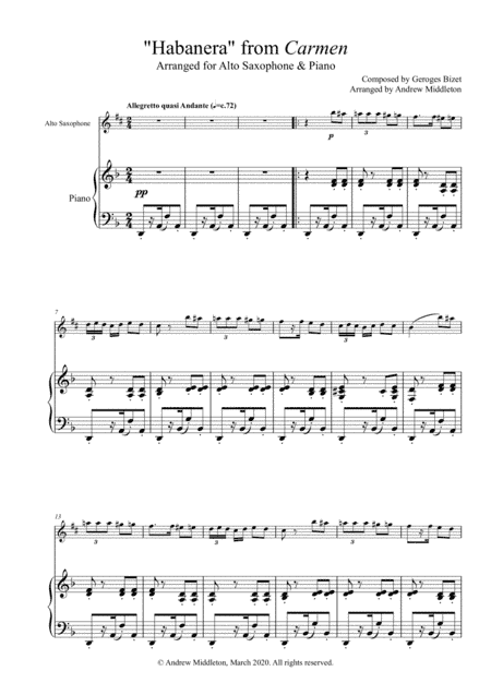 Habanera from Carmen arranged for Alto Saxophone and Piano (arr. Andrew Middleton)