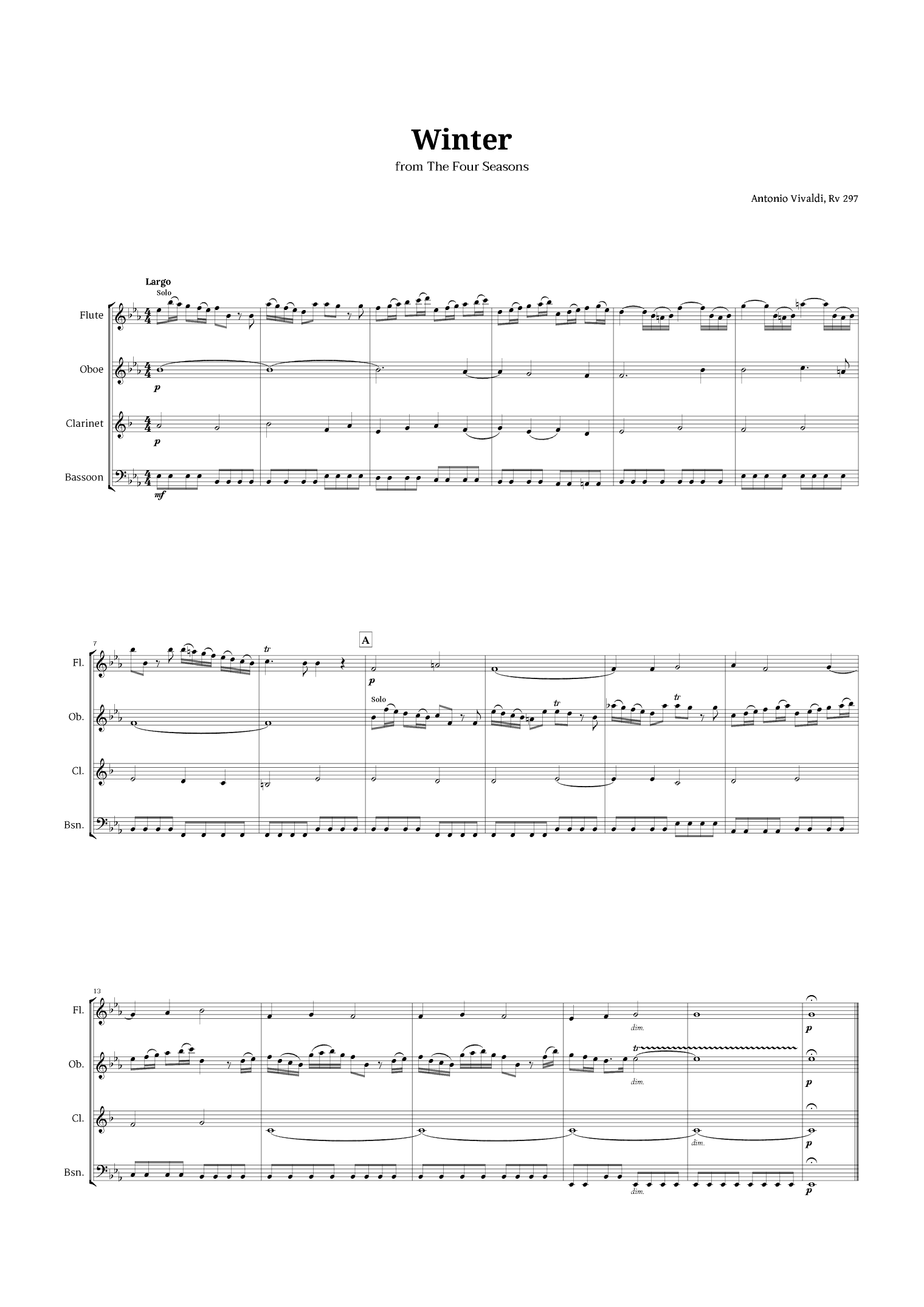 Largo from Winter by Vivaldi for Woodwind Quartet (arr. Langanho)