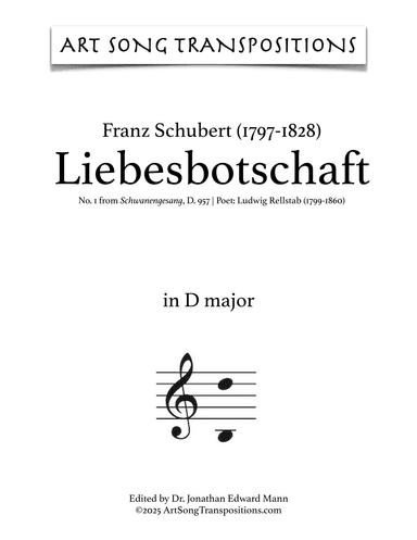 SCHUBERT: Liebesbotschaft, D. 957 no. 1 (transposed to D major) (arr. ArtSongTranspositions.com)