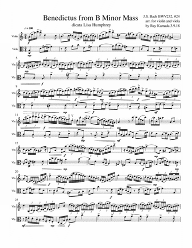 Benedictus, from J. S. Bach's B Minor Mass, for Violiln/Viola Duo (arr. Ray Kamada)