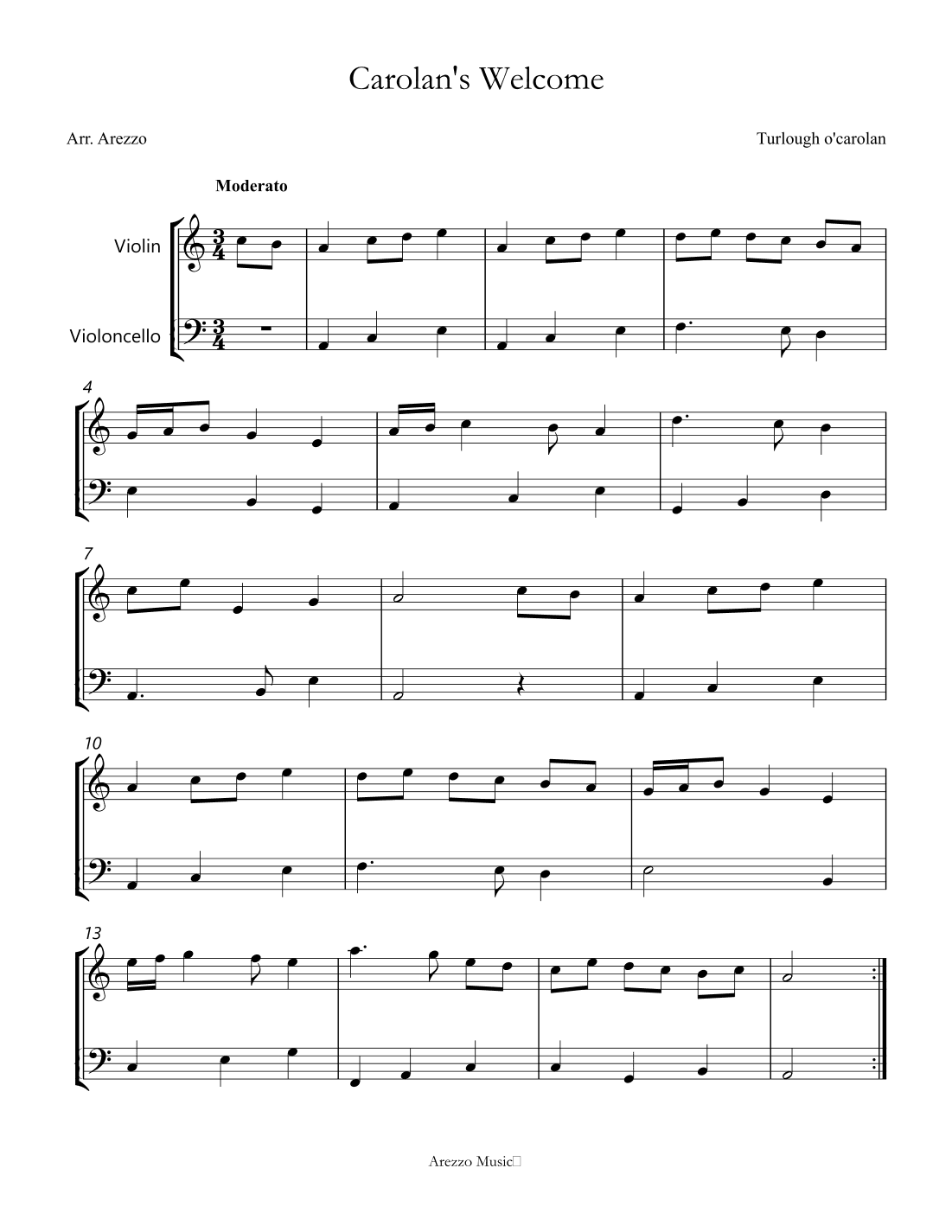 Carolan's Welcome - Violin and Cello Arrangement (arr. Arezzo Music)