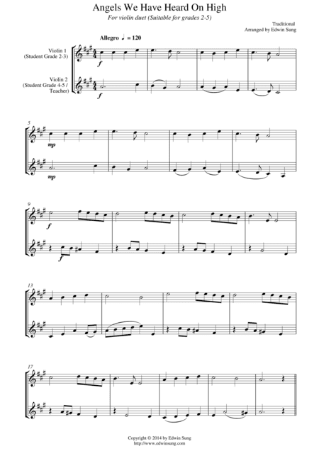 Angels We Have Heard On High (for violin duet, suitable for grades 2-5) (arr. Edwin Sung)