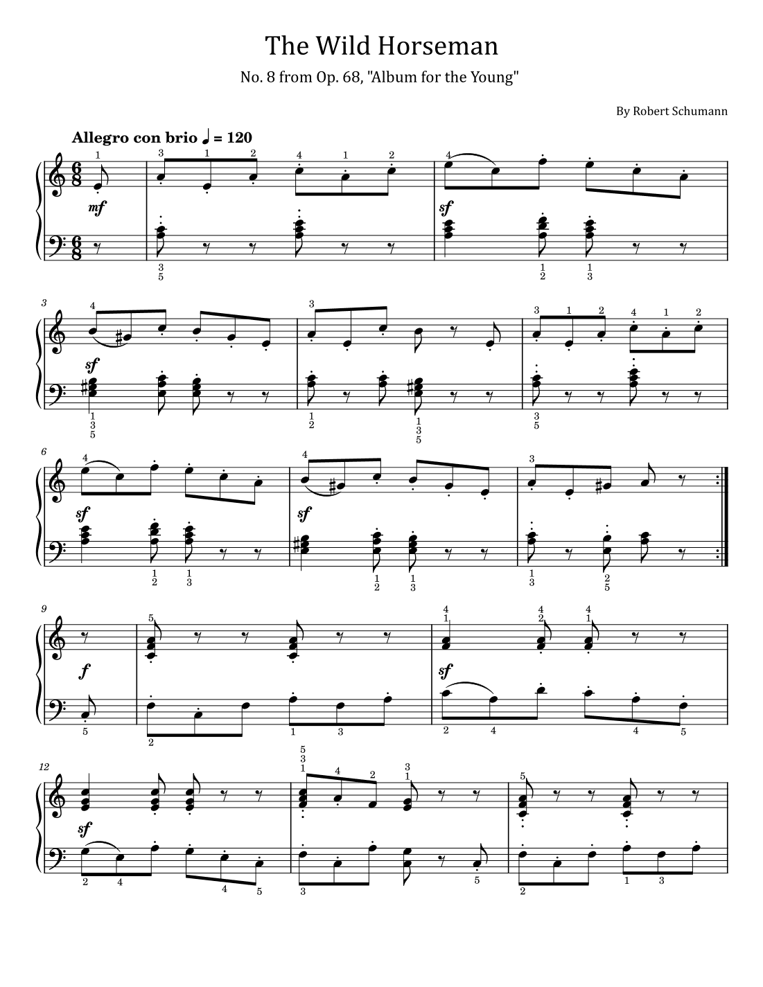 Schumann - The Wild Horseman - No. 8 from Op. 68 Original With Fingered (arr. poon)