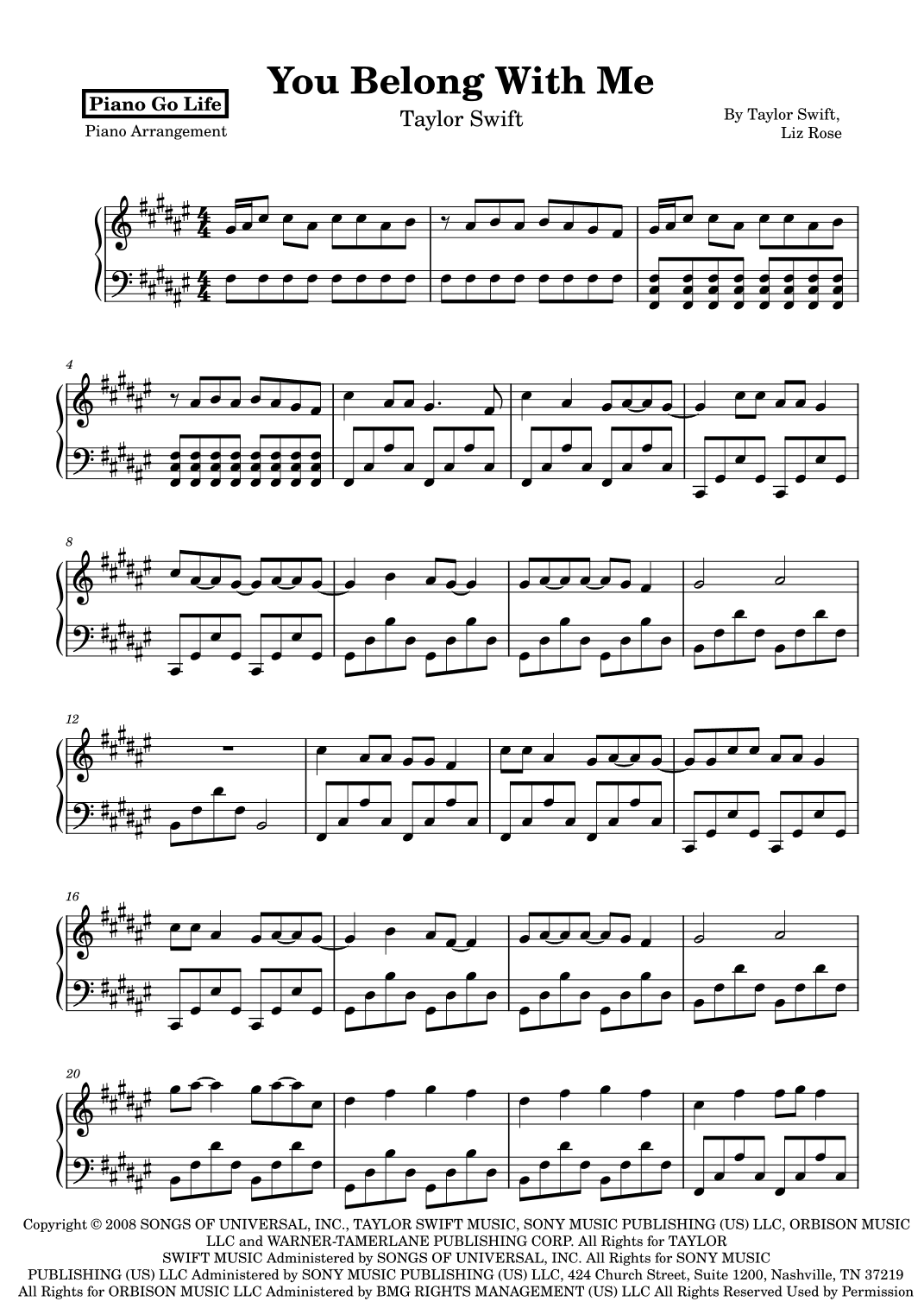 You Belong With Me (arr. Piano Go Life)