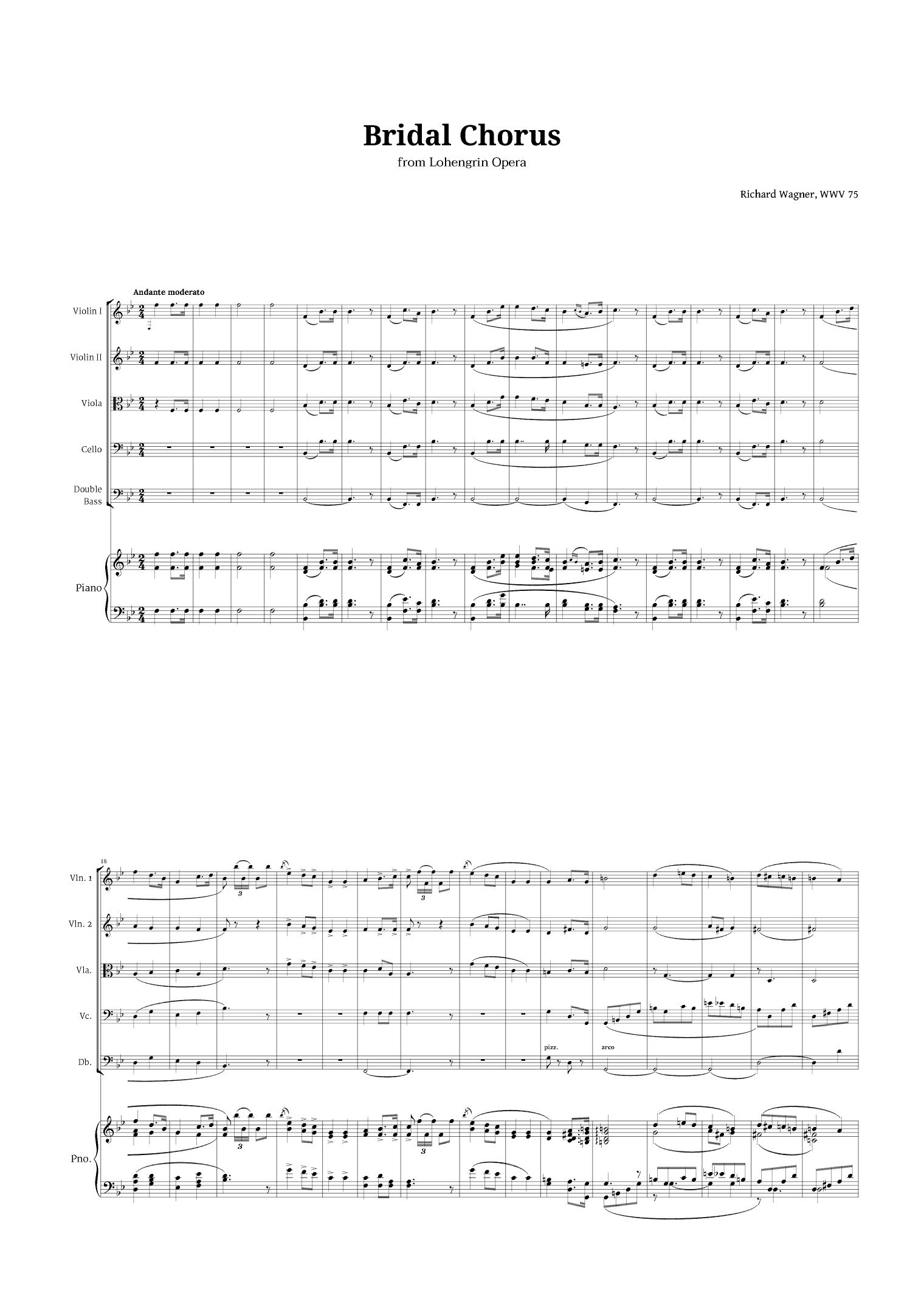 Bridal Chorus by Wagner for String Quintet and Piano (arr. Langanho)