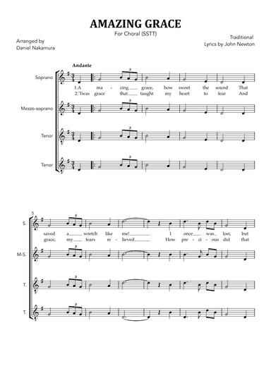 Amazing Grace (for Choral - SSTT with Easy Piano) (arr. Daniel Nakamura)