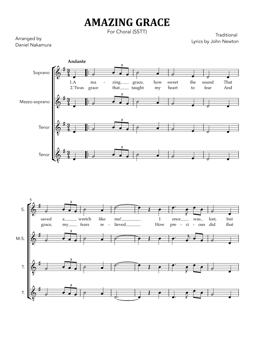 Amazing Grace (for Choral - SSTT with Easy Piano) (arr. Daniel Nakamura)