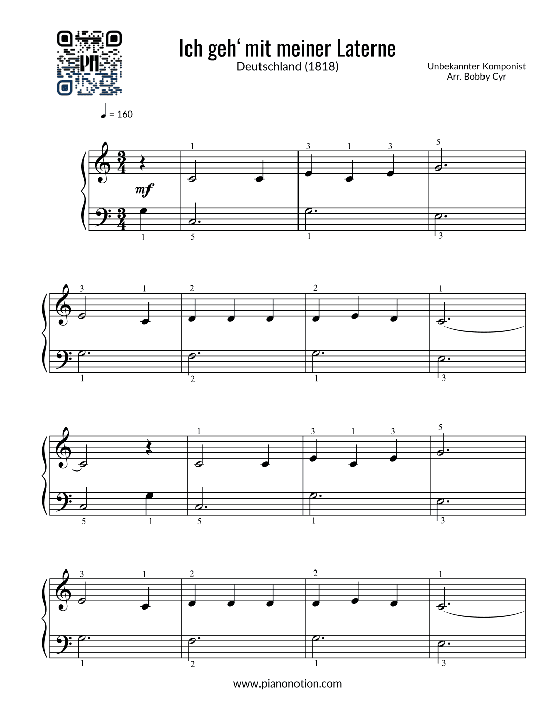 Ich geh‘mit meiner Laterne - Kinderreime (leichtes Klavier) (arr. Bobby Cyr - Piano Notion)