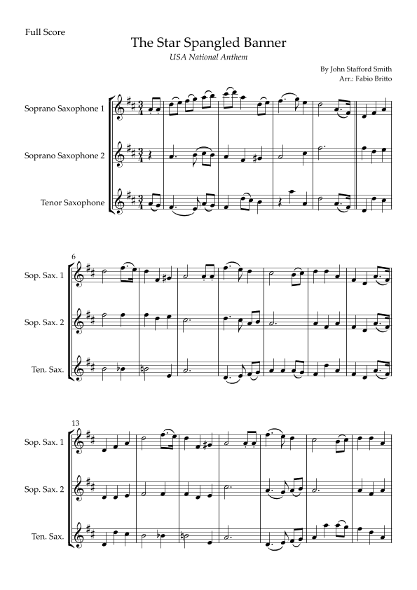 The Star Spangled Banner (USA National Anthem) for Saxophone Trio (arr. Fabio Britto)