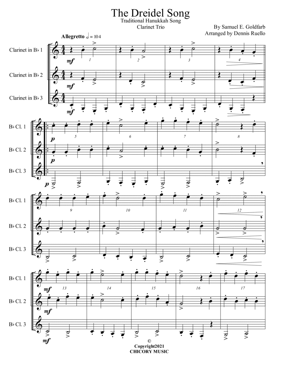 The Dreidel Song - Clarinet Trio - Intermediate (arr. Dennis Ruello)
