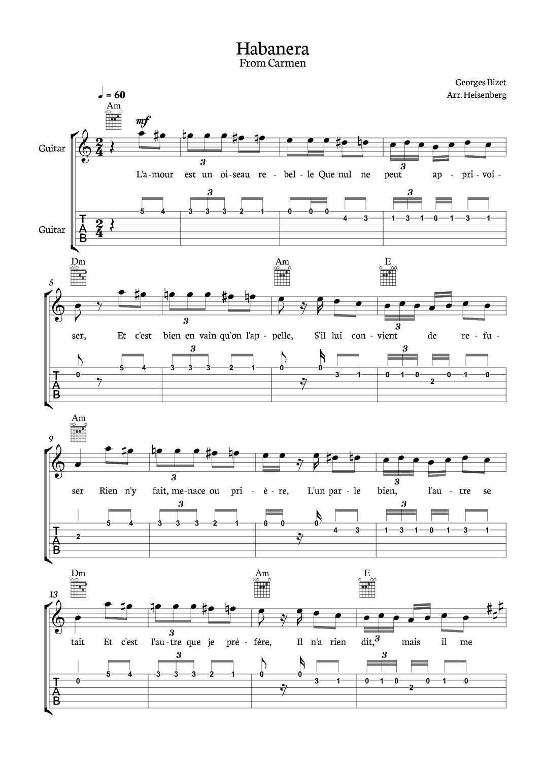 Habanera from Carmen for Classical Guitar with tab and chords (arr. Heisenberg)