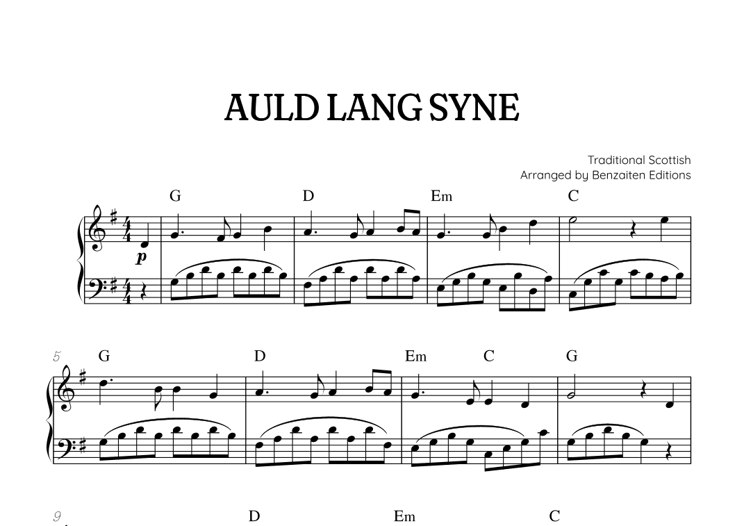 Auld Lang Syne • New Year's Anthem | easy piano sheet music with chords (arr. Benzaiten Editions)