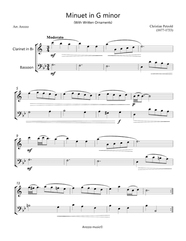 Minuet in G minor Anh 115 - Clarinet and Bassoon - Written ornaments (arr. Arezzo Music)
