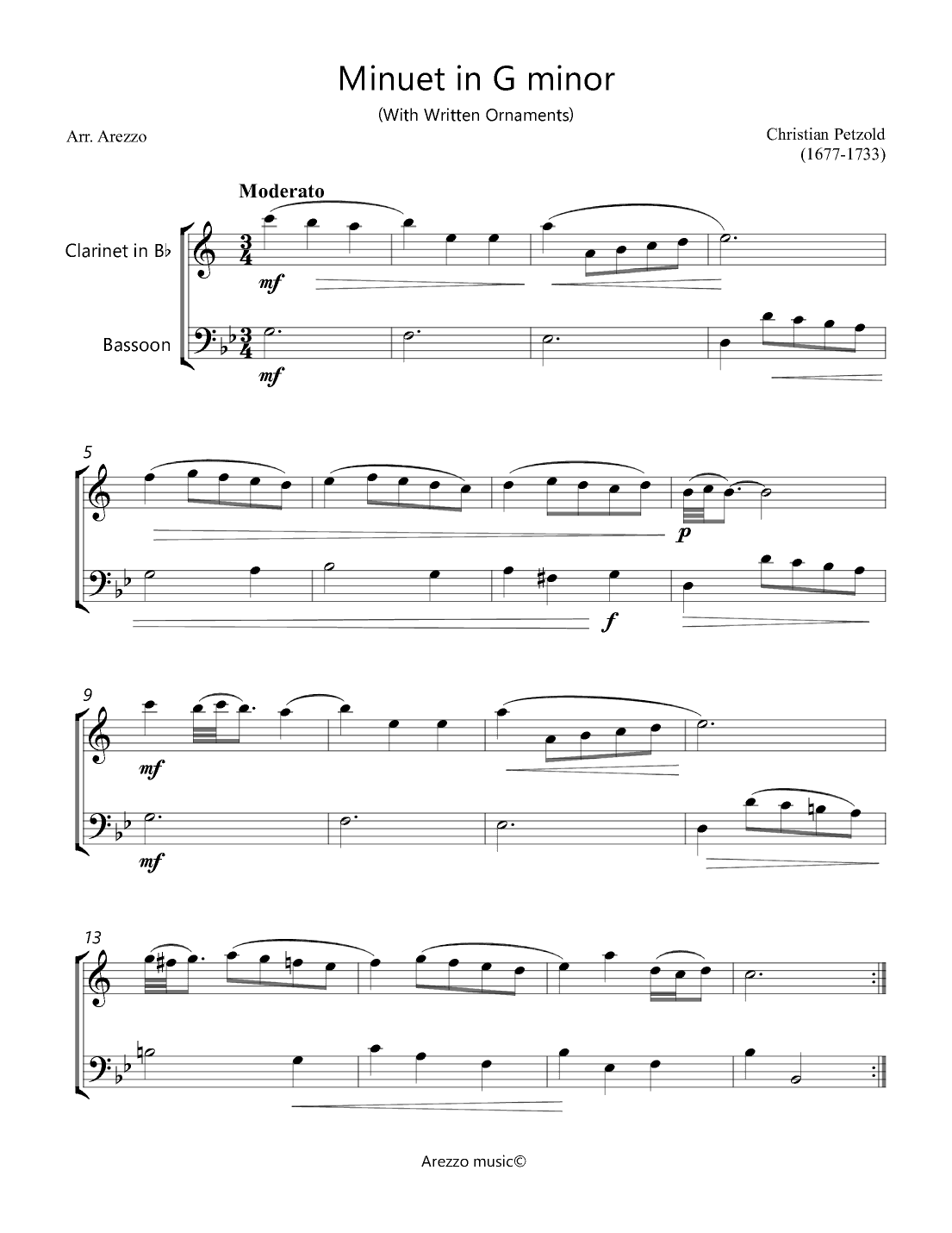 Minuet in G minor Anh 115 - Clarinet and Bassoon - Written ornaments (arr. Arezzo Music)