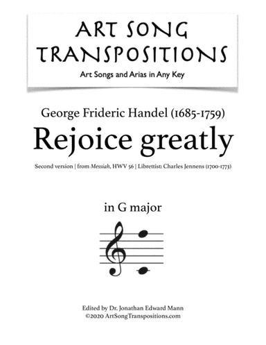 HANDEL: Rejoice greatly (transposed to G major) (arr. ArtSongTranspositions.com)