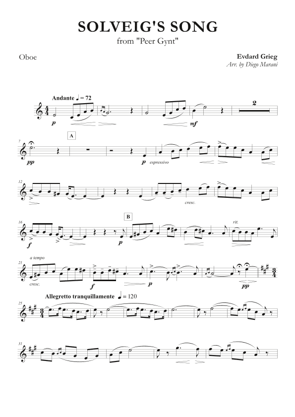 Solveig's Song from "Peer Gynt" for Oboe and Piano (arr. Diego Marani)