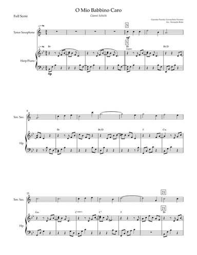 O Mio Babbino Caro (Puccini) for Tenor Saxophone & Piano with Chords (arr. Fernando Britto)