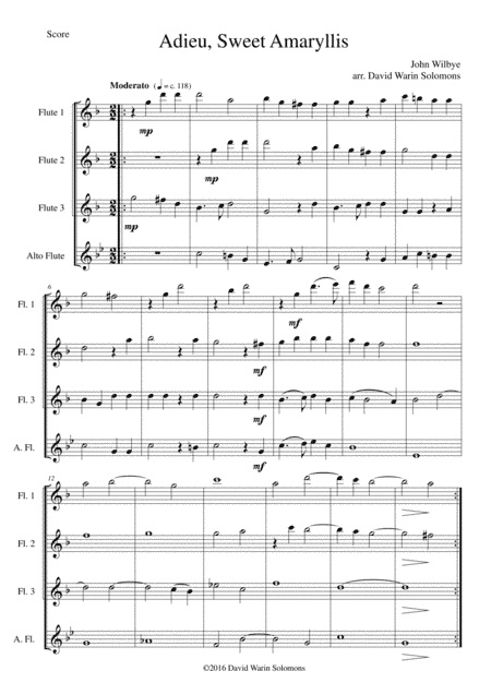 Adieu sweet Amaryllis for flute quartet (3 flutes and 1 alto flute) (arr. David Warin Solomons)