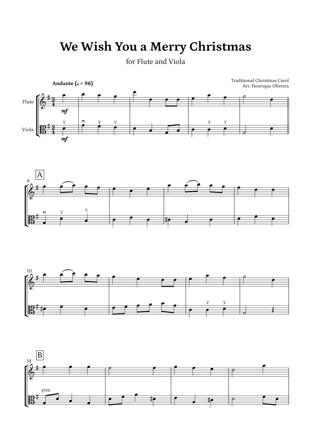 We Wish You a Merry Christmas (Flute and Viola) - Intermediate Level (arr. Henrique Oliveira)