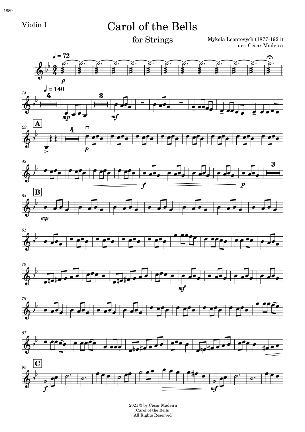 Carol Of The Bells - String Orchestra (Individual Parts) (arr. César Madeira)