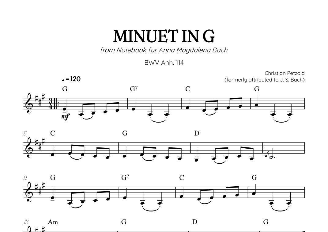 Petzold (Bach) Minuet in G BWV Anh 114 | clarinet solo (with chords) (arr. Benzaiten Editions)