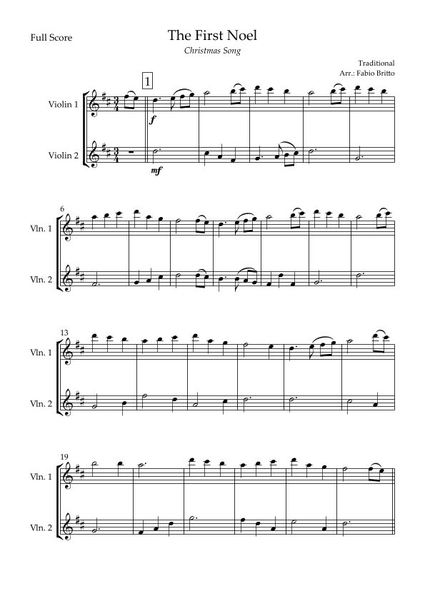 The First Noel (Christmas Song) for Violin Duo (arr. Fabio Britto)