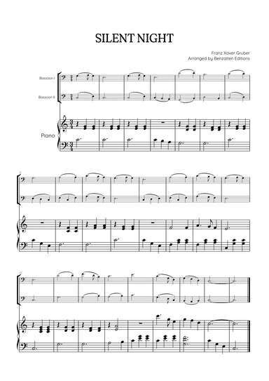 Silent Night for bassoon duet with piano accompaniment • easy Christmas song sheet music (arr. Benzaiten Editions)