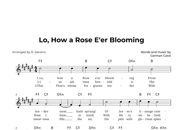 Lo, How a Rose E'er Blooming (Key of F-Sharp Major) (arr. R. Salvario)