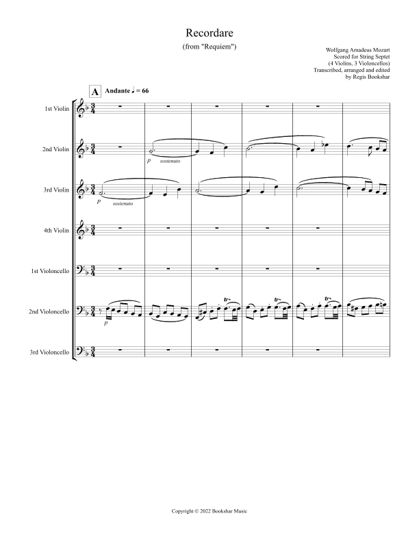 Recordare (from "Requiem") (F) (String Septet - 4 Violins, 3 Cellos) (arr. Regis Bookshar)