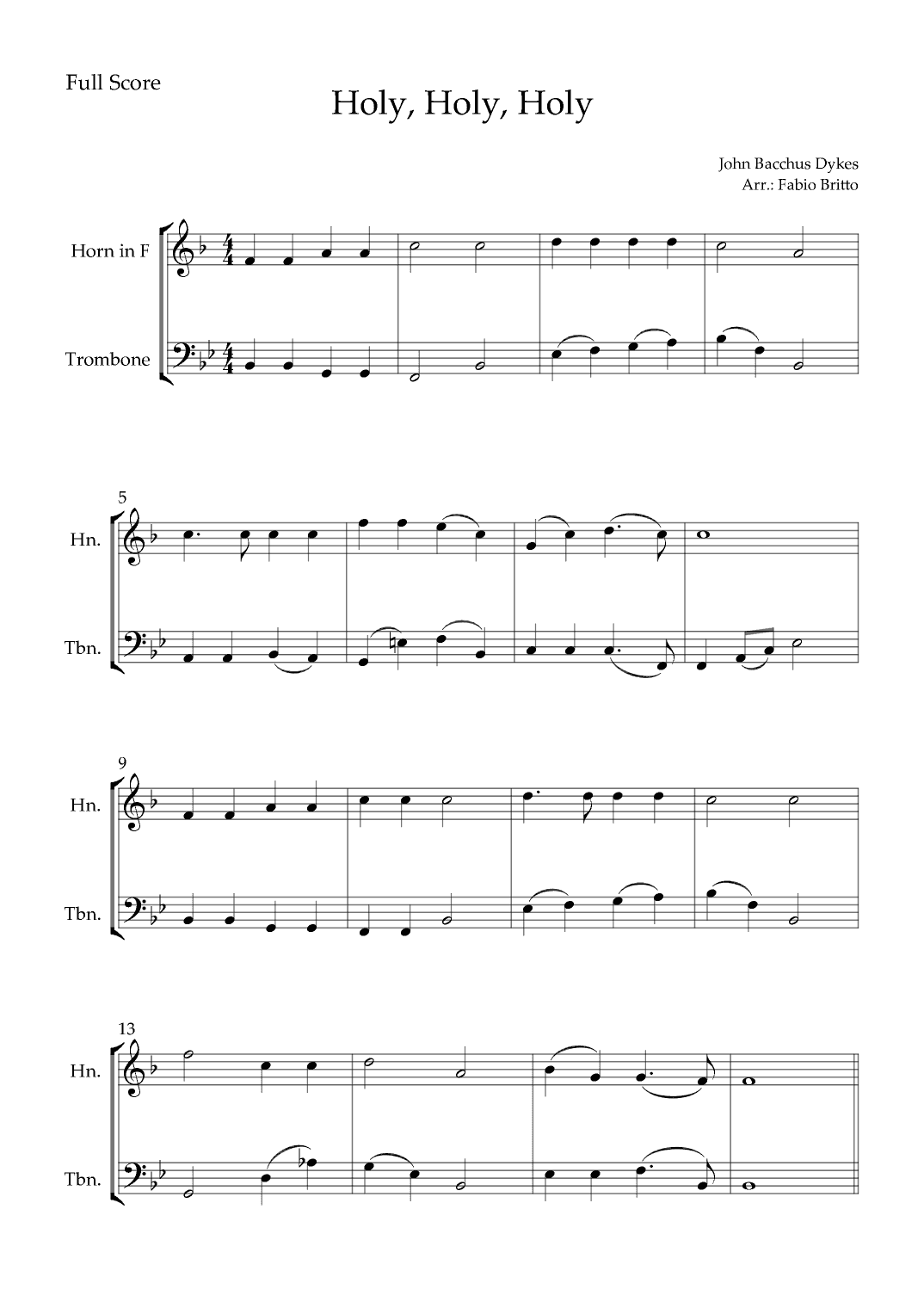 Holy, Holy, Holy (Traditional Christian Song) for Horn in F & Trombone Duo (arr. Fabio Britto)