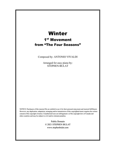 Winter - 1st Movement from "The Four Seasons" (Vivaldi) - Arranged for easy piano (arr. Stephen Bulat)