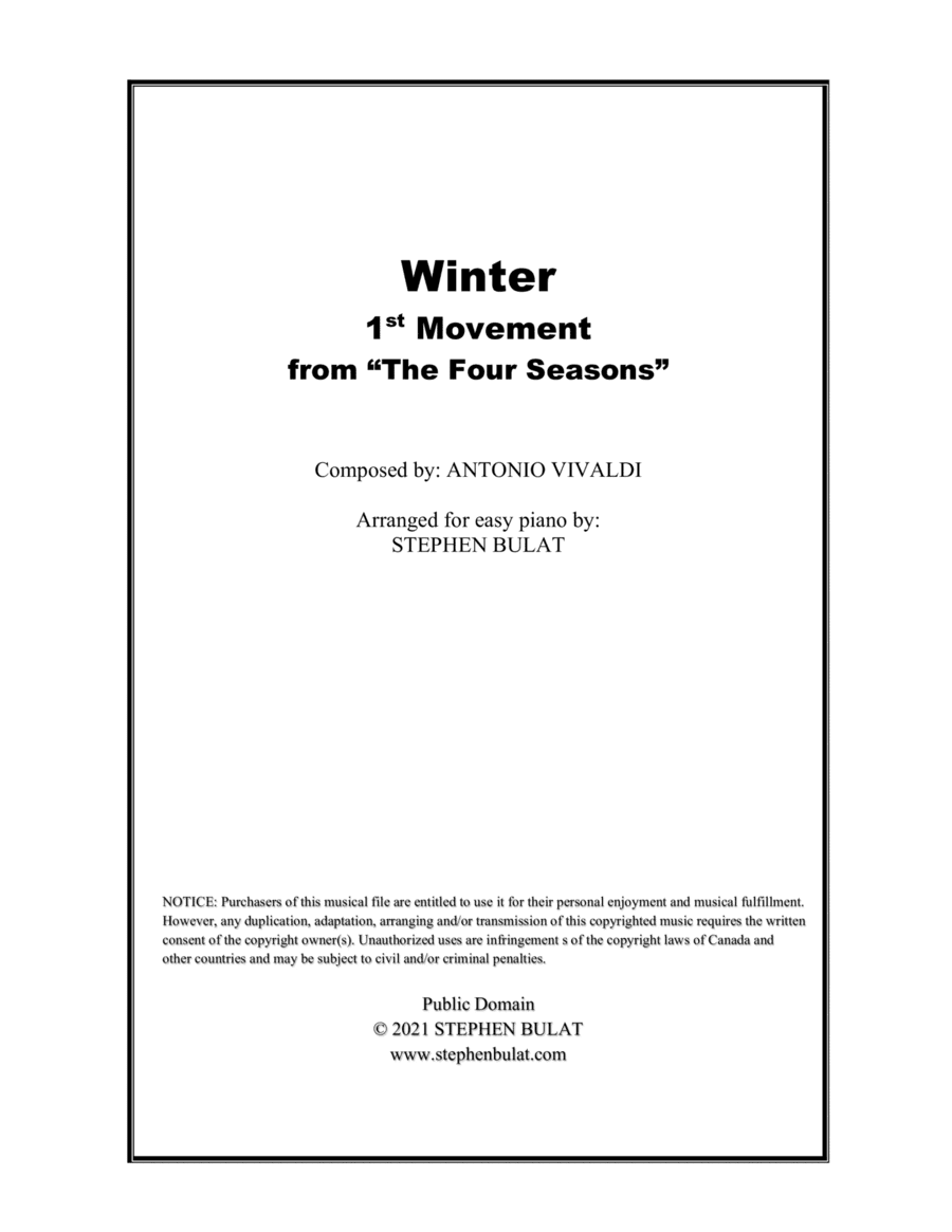 Winter - 1st Movement from "The Four Seasons" (Vivaldi) - Arranged for easy piano (arr. Stephen Bulat)