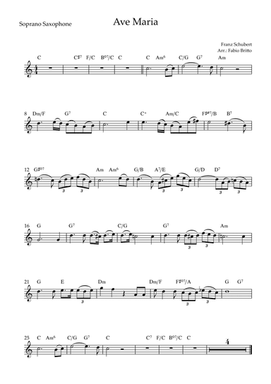 Ave Maria (Franz Schubert) for Soprano Saxophone Solo with Chords (Simplified) (arr. Fabio Britto)