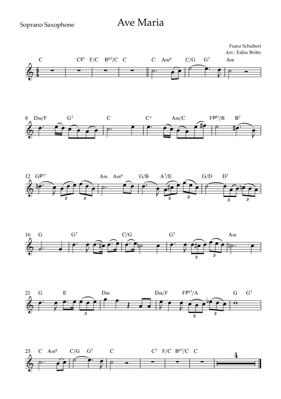 Ave Maria (Franz Schubert) for Soprano Saxophone Solo with Chords (Simplified) (arr. Fabio Britto)