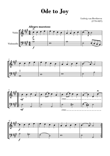 Beethoven - Ode to Joy (for Violin and Cello) - A Major (arr. Gisele Sant'Ana)