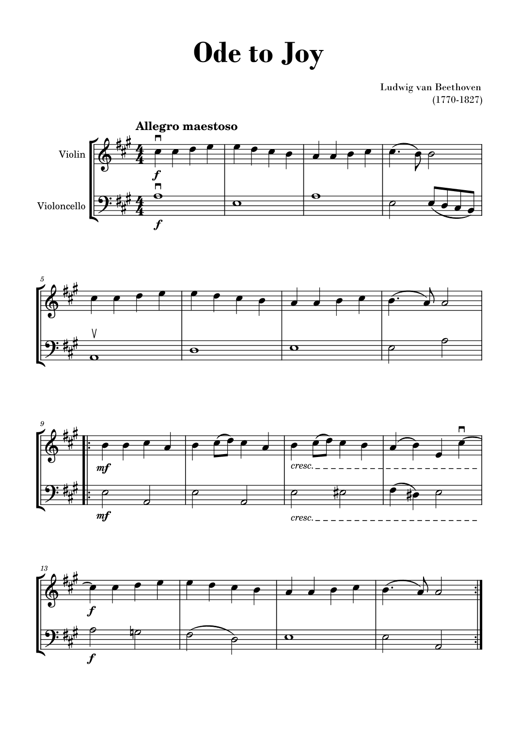 Beethoven - Ode to Joy (for Violin and Cello) - A Major (arr. Gisele Sant'Ana)