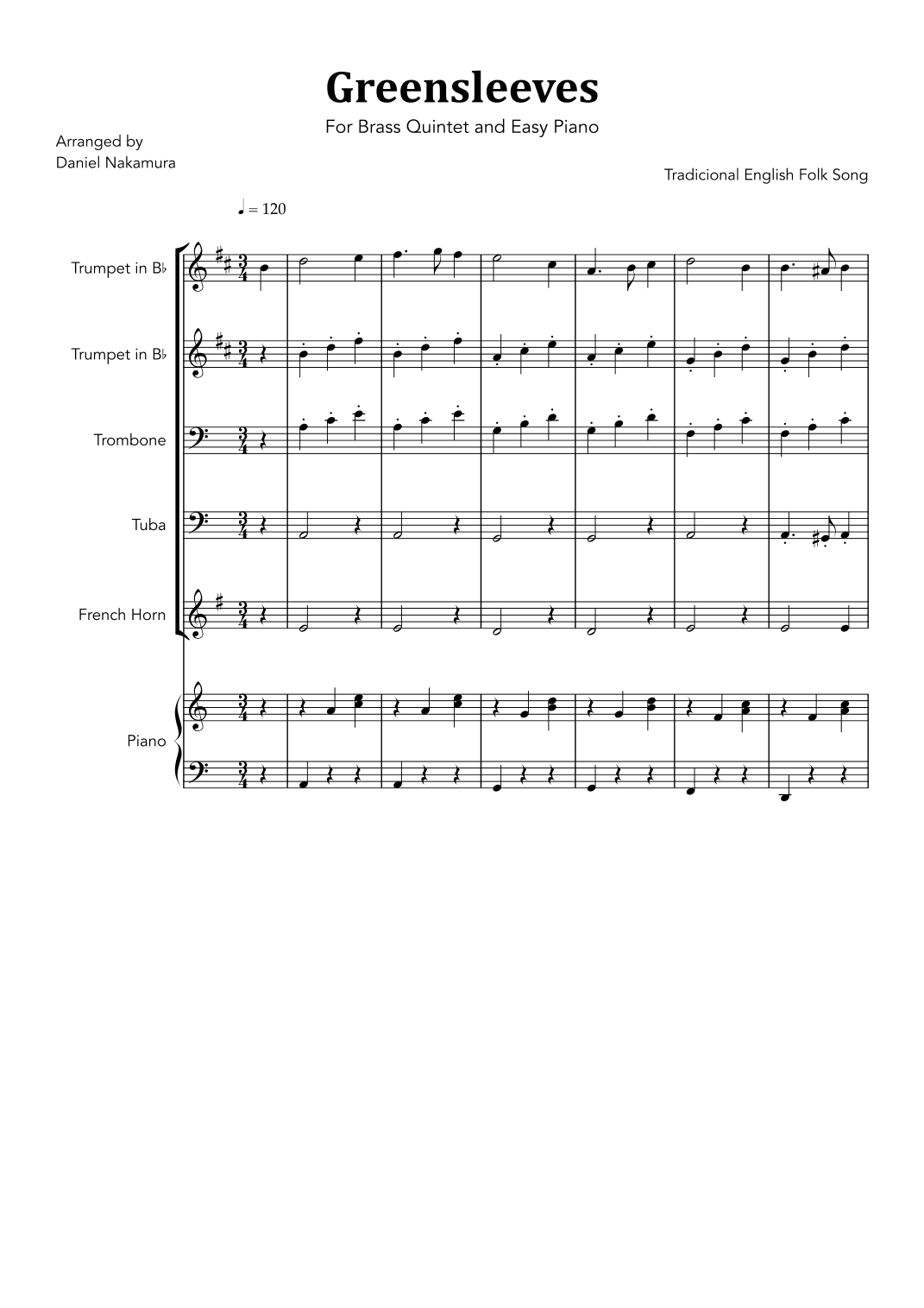 Greensleeves (For Brass Quintet and Easy Piano) (arr. Daniel Nakamura)