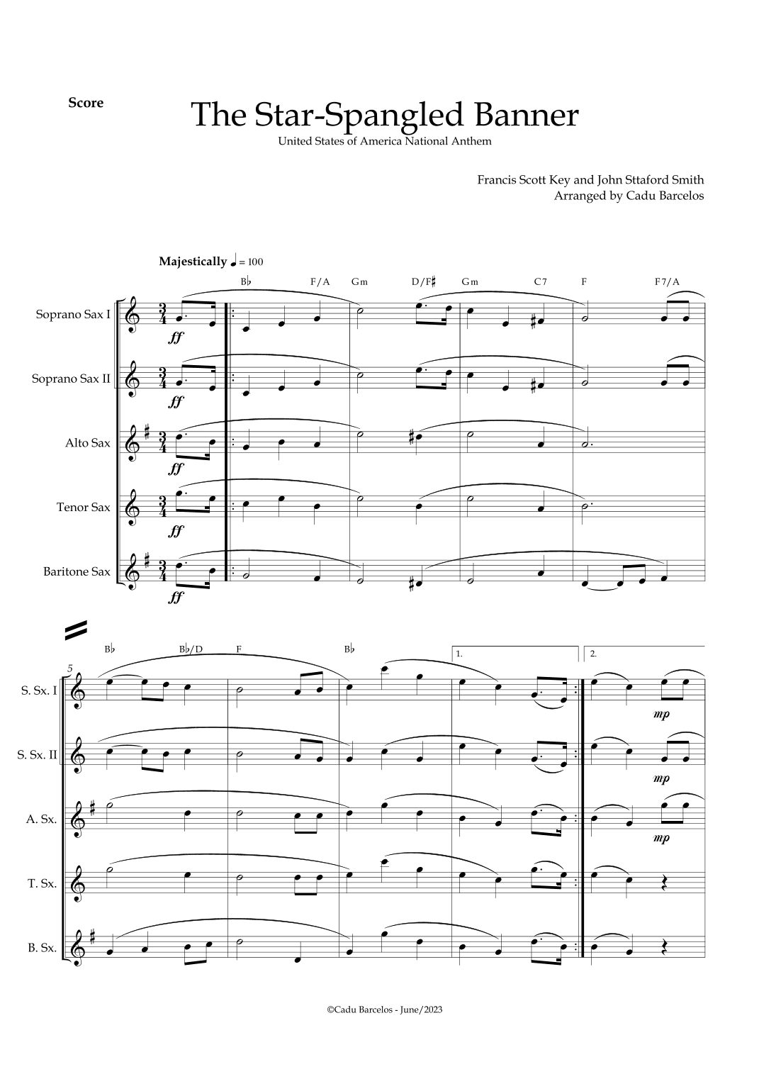 The Star-Spangled Banner - EUA Hymn (Sax Quintet) chords (arr. Cadu Barcelos)