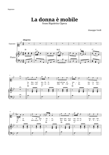 La donna è mobile in B-flat major for Soprano and Piano (arr. Langanho)
