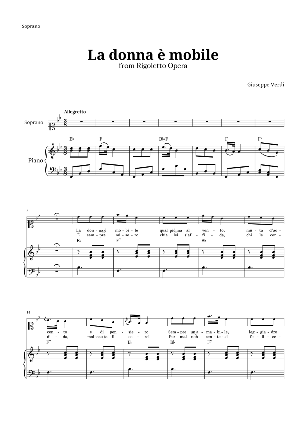 La donna è mobile in B-flat major for Soprano and Piano (arr. Langanho)