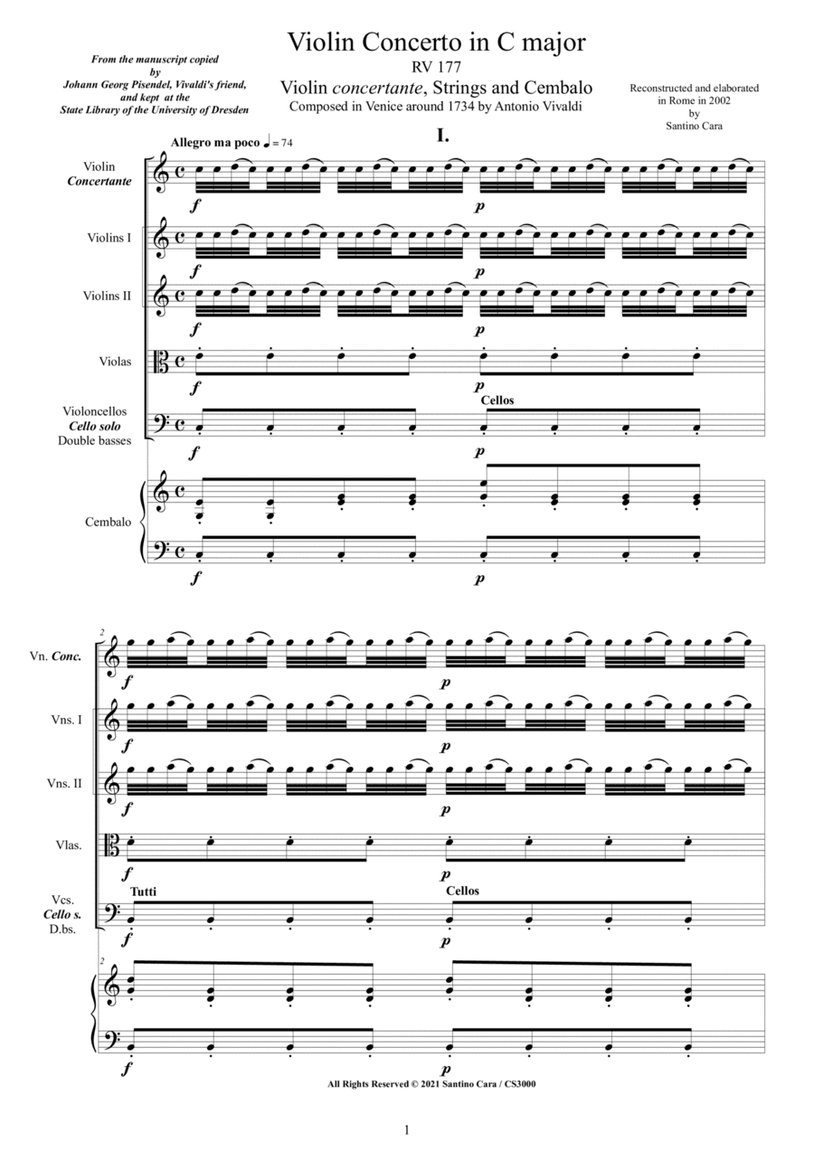 Vivaldi - Violin Concerto in C major RV 177 for Violin, Strings and Cembalo (arr. Santino Cara)