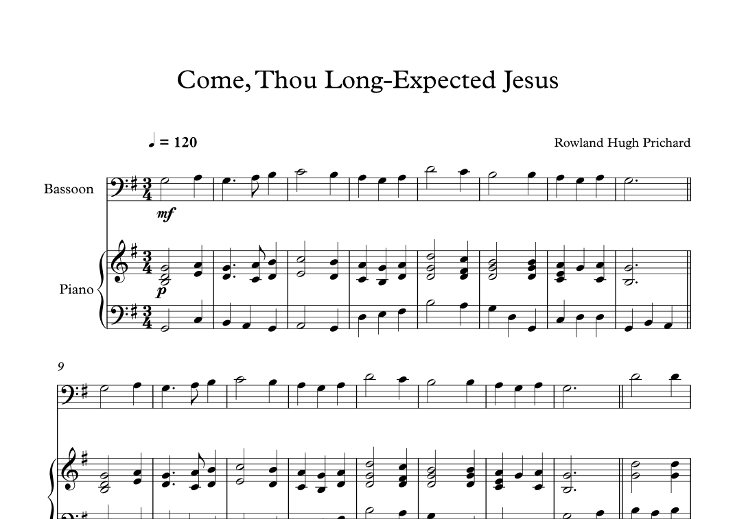 Come, Thou Long-Expected Jesus - Rowland Hugh Prichard (Bassoon + Piano) (arr. Digital Book Music)