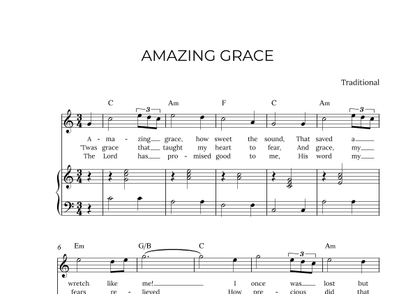 AMAZING GRACE - for piano and soprano in C major with chords (arr. Alex Nunes Rodrigues)