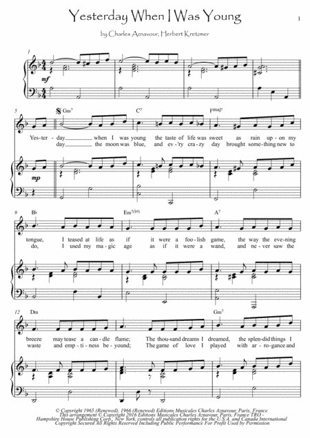 Yesterday, When I Was Young (hier Encore) (arr. PianoSheetNow)