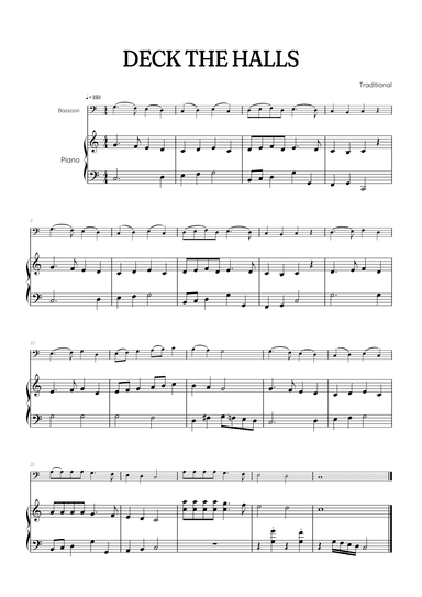 Deck the Halls for bassoon with piano accompaniment • easy Christmas song sheet music with chords (arr. Benzaiten Editions)