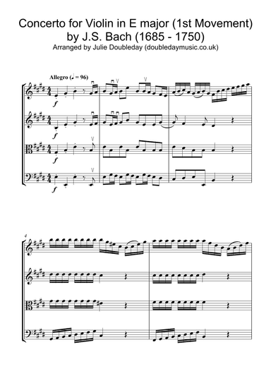 Bach: Concerto for Violin in E major Mov 1 for String Quartet - Score and Parts (arr. Julie Doubleday)