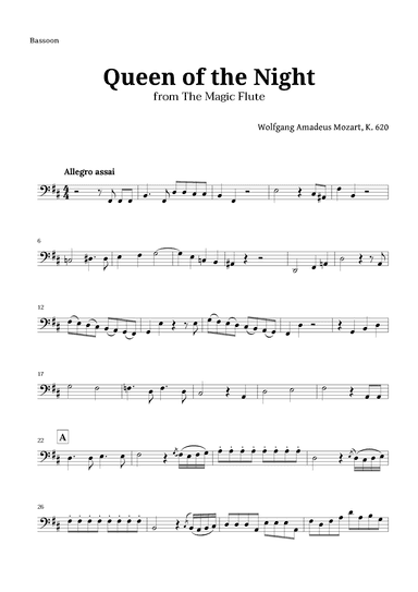 Queen of the Night by Mozart for Bassoon Solo (arr. Langanho)