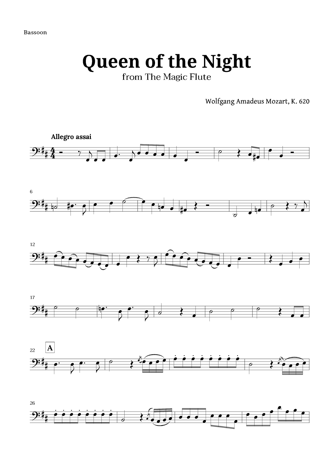 Queen of the Night by Mozart for Bassoon Solo (arr. Langanho)