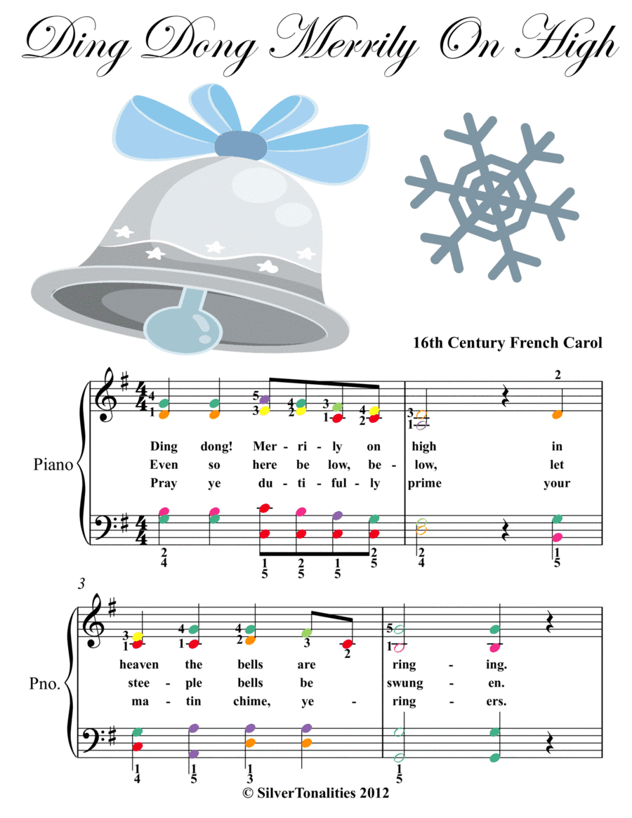 Ding Dong Merrily on High Elementary Piano Sheet Music Colored Notes (arr. SilverTonalities)