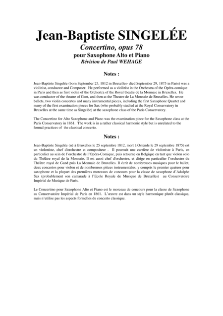 Jean-Baptiste Singelée - Concertino, Opus 78 for alto saxophone and piano (arr. Musik Fabrik Music Publishing)